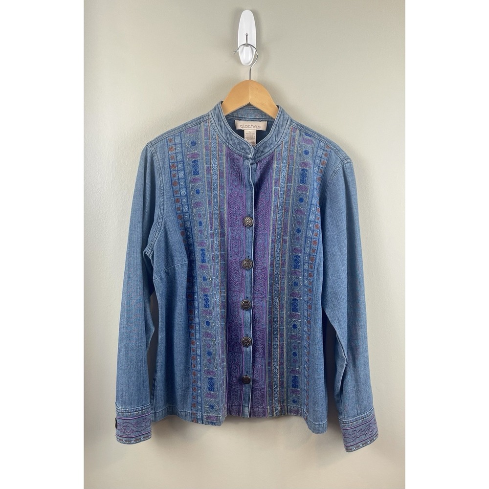 C.L.O.T.H.E.S. Lg Blue Denim Colorful‎ Boho Embroidered Jacket Vtg 90s Festival